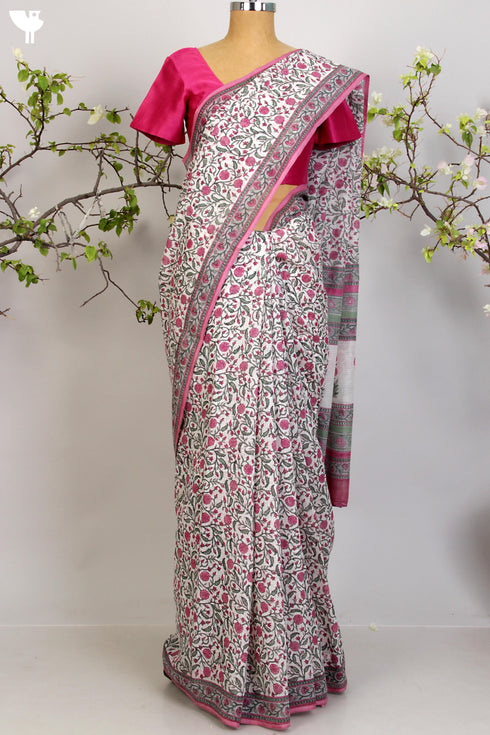 Kota Doria Saree in a Pink Floral Hand Block Print